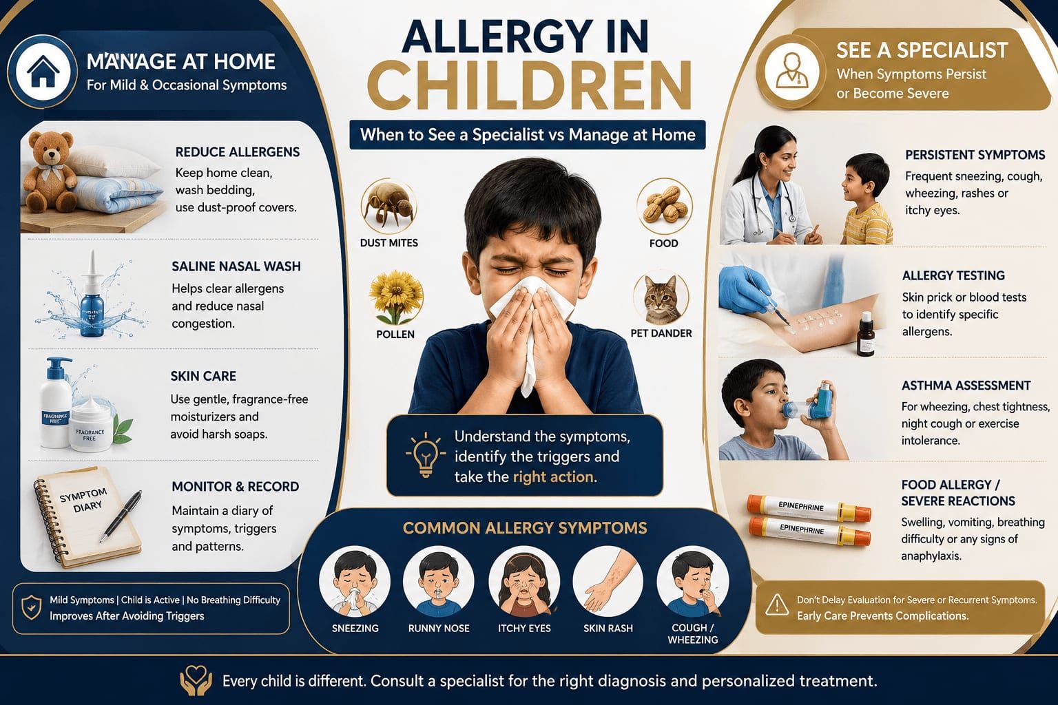 Allergy in children infographic showing home management tips such as dust control, saline nasal spray and skincare alongside specialist evaluation including allergy testing and asthma assessment.